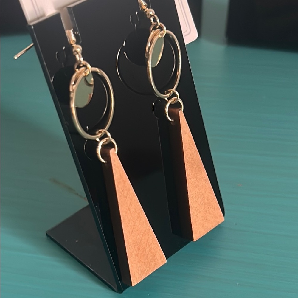 New Lot 5 Pais of Gold Wood and Multicolor Art Deco Boho Style Drop Earrings Set - Picture 3 of 12